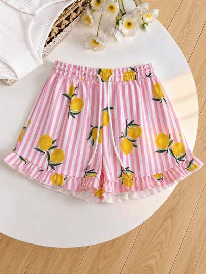 Elenzga Pantalones cortos casuales con cintura elástica y cordón, pantalones cortos de verano con estampado de limón dulce, pantalones cortos de mujer con volantes y cintura elástica adelgazantes para vacaciones, adecuados para uso diario casual, ocio en casa, vacaciones en la playa, salidas a la playa, salidas de verano, picnic y campamento y diversas ocasiones