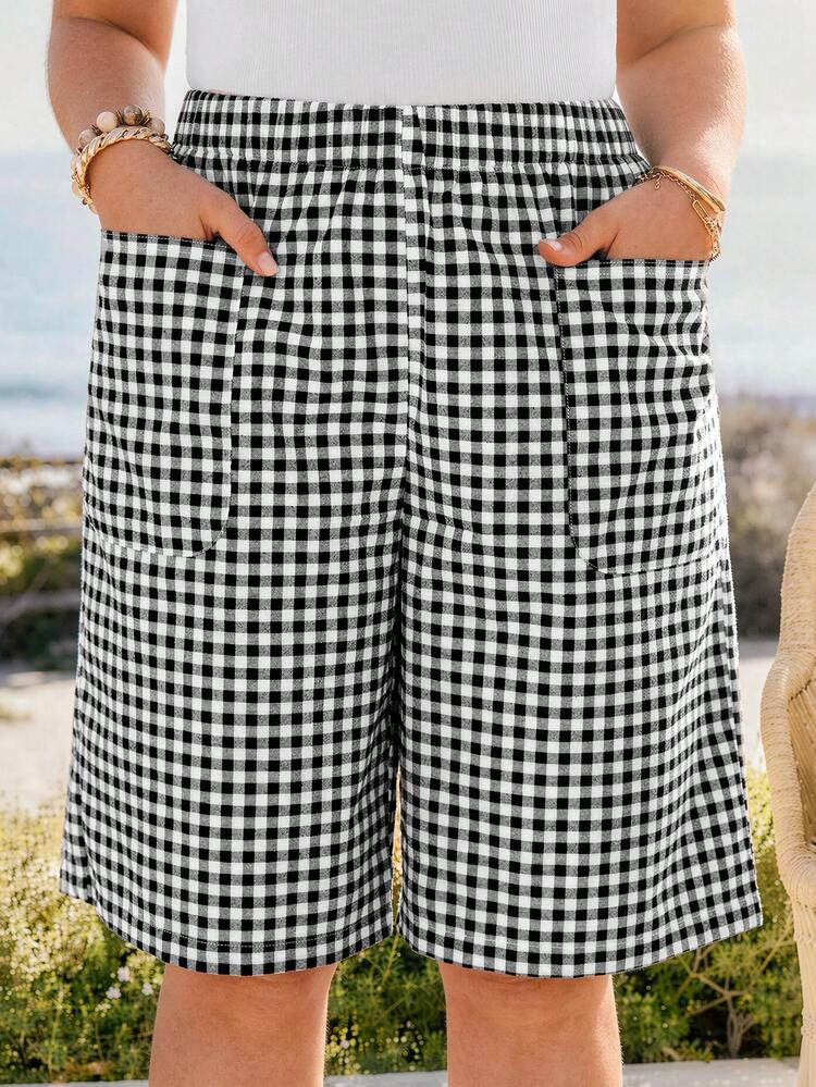 Plus Size Women's Summer Casual Vacation Country  Black & White Plaid Shorts With Pockets,Suitable For Summer Vacation,Casual Holiday Style,Summer Outfits For Women ,Vacation Outfits Women ,Holiday Outfits For Women,Going Out Outfits, New Clothes,Simple And Fashionable For Everyday Wear,Suitable For Summer, Vacation, Daily Wear, Festival Outfits For Women,Country Concert Outfit,Beach Outfits For Women,Western Style,Boho Shorts,Bermuda Shorts