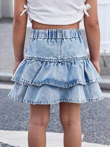 SHEIN 女童牛仔荷葉邊A字裙，兒童女童春夏季休閒度假鄉村波希米亞風穿搭，兒童女童沙灘裙 - 淺色水洗藍 - 查看 2