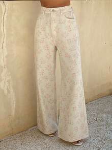 DAZY Quần jeans ống rộng dáng suông họa tiết hoa nhí dành cho nữ, phong cách lãng mạn mùa hè, thích hợp cho kỳ nghỉ biển. - trắng - Xem 5