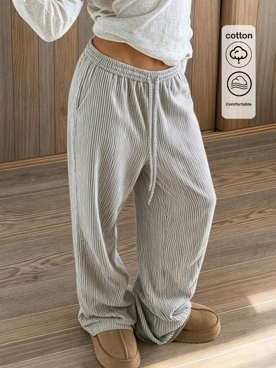 CovetEZ Women's Casual Vacation & Commute Striped Print Drawstring Waist Loose Wide Leg Pants - Khaki - View 1