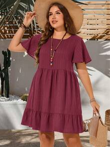 EMERY ROSE Plus Size Vacation Casual Solid Color Short Sleeve Dress,Summer Outfits For Women,Easter Women,Bohemia,Rave Outfit Curve, Country Concert - Red Violet - View 4