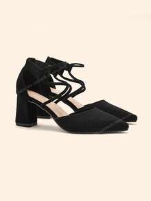 CUCCOO BASICS 女士时尚交叉绑带尖头粗跟高跟鞋，方便穿脱，适合通勤、约会、派对、度假、婚礼等场合。 - 耀夜黑 - 查看 1
