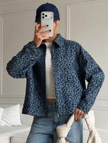 Livesso Chaqueta vaquera casual y holgada para mujer con estampado de leopardo, azul - Azul - Ver 3