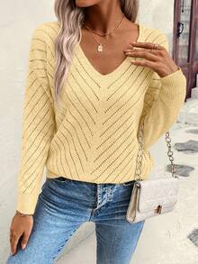 EMERY ROSE Women's Loose Casual Hollow Geometric Textured V-Neck Sweater - Yellow - View 7