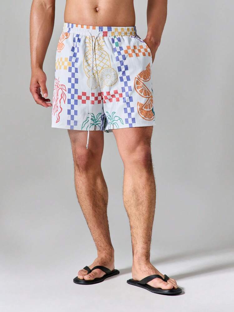 Tropical Fruit Checkerboard Print Swim Trunks With Elastic Drawstring Waist Side Pockets Summer Beach Holiday Shorts