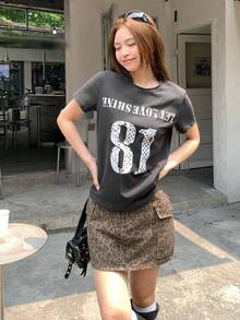 DAZY Women's Summer Round Neck Letter Print Distressed Casual Basic Pullover Street Style T-Shirt Graphic Tee Golf White - Dark Grey - View 4