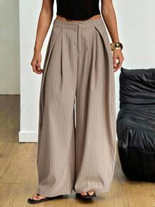 SHEIN Tall Pantalones para mujer primavera/verano vintage casual hippie estilo calle y oficina, ropa casual occidental chic a rayas, cómodos, holgados, con bajo curvo y plisados, para mujeres altas - Albaricoque - Ver 2