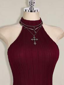 SHEIN ICON Bộ jumpsuit ôm sát cổ cao hở lưng màu đen dành cho nữ, kiểu dáng cơ bản thường ngày. - Màu Đỏ Sâu - Xem 6