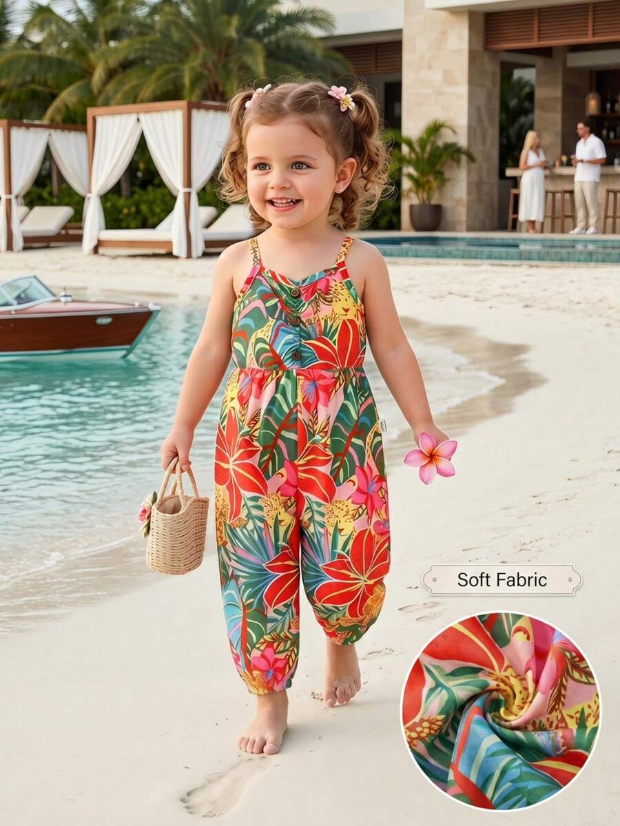 SHEIN Playful Pals Jumpsuit Bayi Perempuan Motif Tanaman Tropis