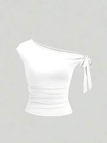 Elenzga Camiseta ajustada de mujer talla grande de unicolor y cuello asimétrico, para verano - Blanco - Ver 3