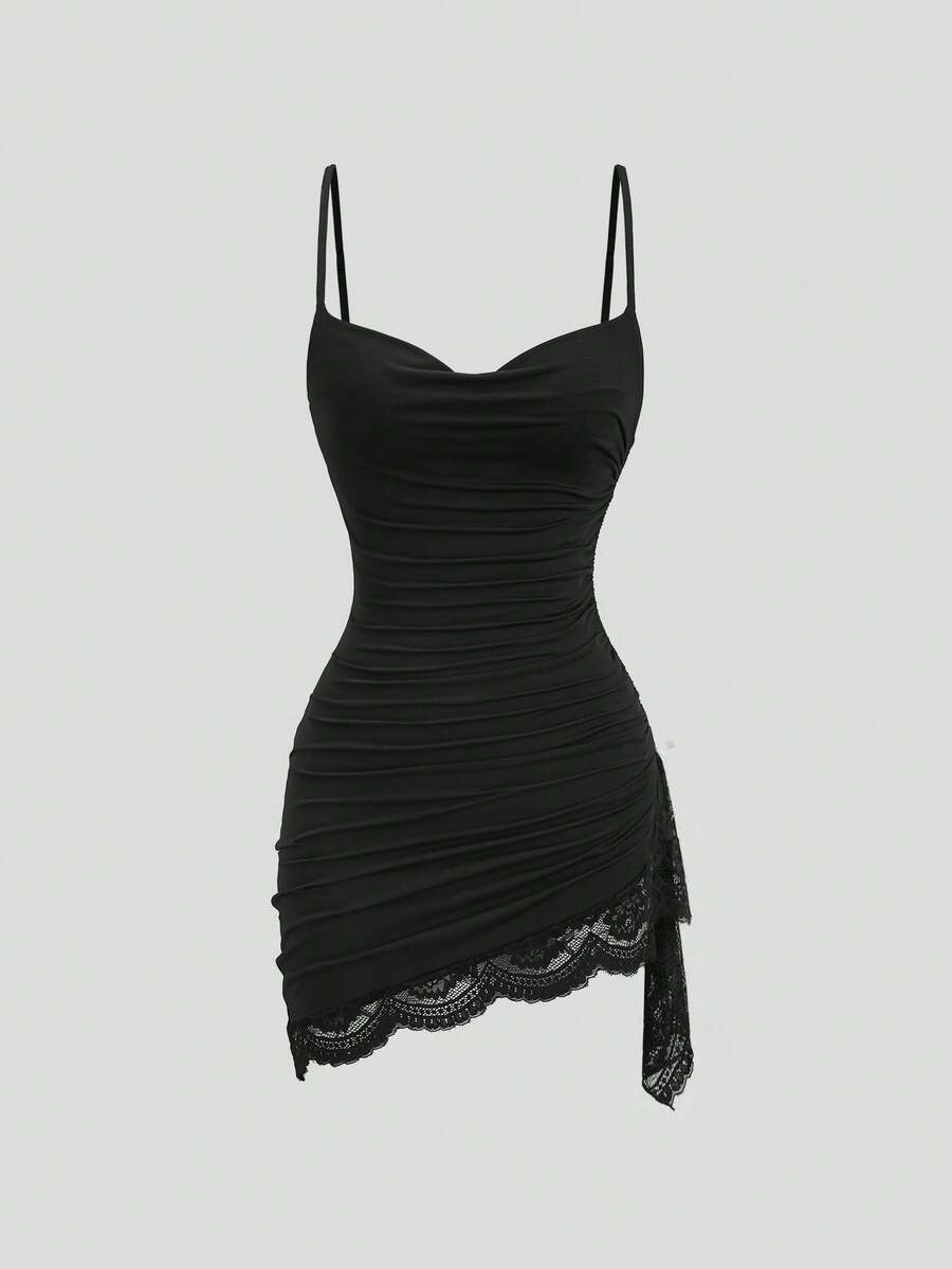 Sweetra Vestido de tirantes con encaje, parches y volantes, sexy para citas y fiestas - Negro - Ver 1