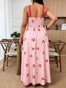 Weeklong Plus Size Women's Cherry Print Spaghetti Strap Dress, Casual Vacation Comfortable Outdoor Wear, Spring/Summer - Pink - View 2