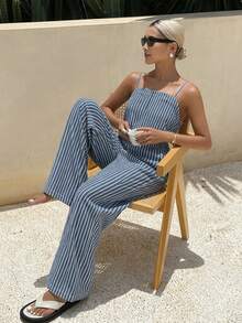 DAZY Women's Striped Print Casual Sleeveless Denim Jumpsuit, Summer - Blue - View 8