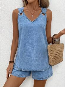 EMERY ROSE Mature Denim Bộ đồ denim thường ngày dành cho nữ, gồm áo cổ chữ V không tay in hình "Lòng tốt" và quần short. - Màu xanh lam - Xem 5