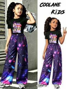 2pcs/Set Young Girls' Fashion Hip Hop Girl Group Star Print Short Sleeve Top And Space Theme Colorful Music Note Print Pocket Cargo Pants Outfit Set - Multicolor - View 3