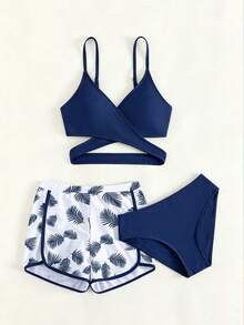 SHEIN Teen Girl Tropical Plant Print Swimwear Set With Shorts, Summer Beach Vacation - Navy Blue - View 6