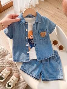 Playful Pals Bộ 3 món cho bé trai in hình gấu, cổ tròn, không tay, màu trắng gồm áo tank top + áo sơ mi denim tay ngắn cổ bẻ cài nút + quần short. Phong cách vintage năng động, dễ thương, thích hợp mặc vào mùa xuân, hè, thu, đi chơi hàng ngày, đến trường, công viên và nhiều dịp trong nhà/ngoài trời khác. - Rửa nhẹ - Xem 6