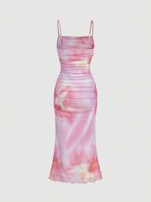 SHEIN MOD Vestido largo de tirantes con estampado floral rosa y plisado de malla para el verano - Morado - Ver 4