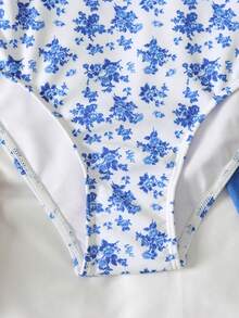 SHEIN 少女海滩度假碎花连体泳衣配罩裙 - 藍色 - 查看 3