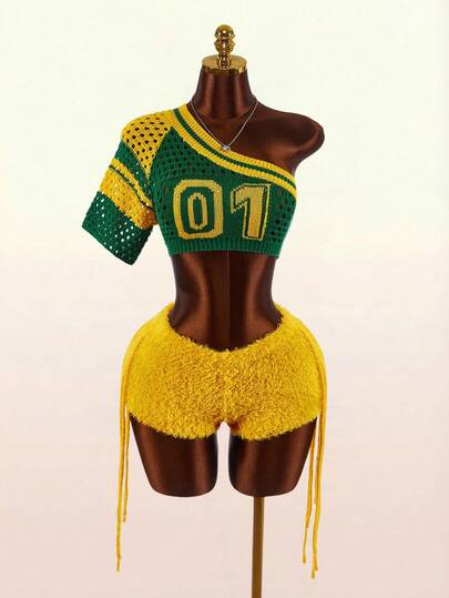 Amplova 1 Conjunto de Mujer Crochet Sexy Shorts de Vacaciones y Top de Hombros Calados de Crochet, Conjunto de Dos Piezas Tejido
