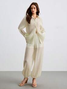 CielaLinda Women's Tencel Blouse And Balloon Pants 2 Pieces Casual Set - Apricot - View 5