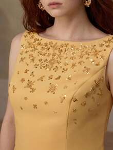 MOTF PREMIUM PLUS SIZE WOMEN'S SUMMER SEQUINS BEADED EMBROIDERED SLEEVELESS TOP AND SKIRT 2 PIECES SET - Yellow - View 3