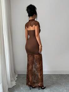 SHEIN Elenzya Women's Contrast Lace Stand Collar Fitted Elegant Dress - Brown - View 2