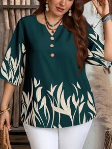 EMERY ROSE Plus Size Plant Print Casual Business Casual Traditional Shirt Suitable For Summer Vacation Dark Green - Green - View 5