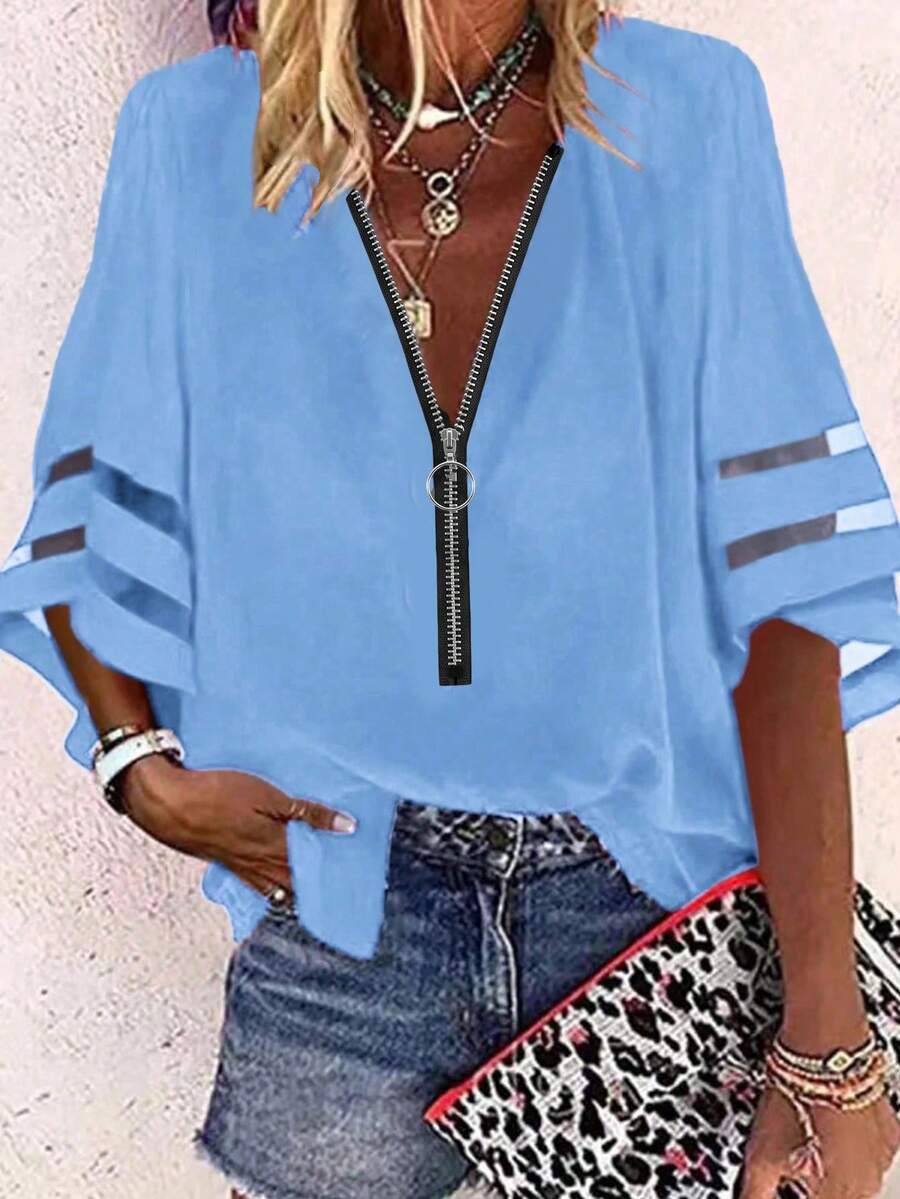 EMERY ROSE Bohemian Lake Blue Loose Half-Zip Mesh Spliced Casual Top - Blue - View 1