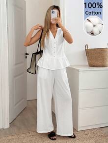 Easowa Conjunto informal de 2 piezas con blusa de cuello en V plisada de unicolor y pantalones de pierna ancha para mujer - Blanco - Ver 3