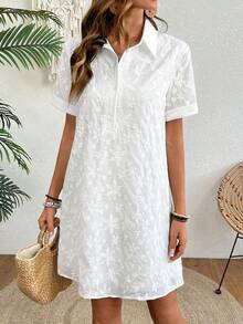 Zayélia Women's Summer Vacation Jacquard Texture Short Sleeve Shirt Dress - White - View 3
