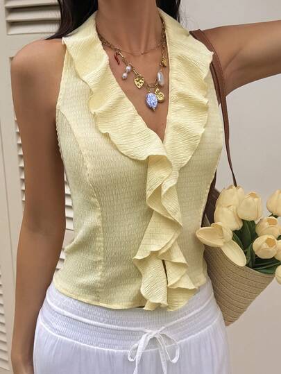 Livesso Women's Vacation Casual Solid Color Ruffle Backless Halter Neck Camisole