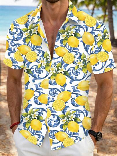 Manfinity Dauomo Camicia casual estiva, camicia da uomo con stampa a onde di limone, vestibilità regular, design di pattern giovanile ed energico, abbigliamento casual per il tempo libero e l'aperto