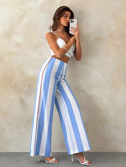SHEIN Calça casual de pernas largas com detalhes em listra azul e branca, bolso e zíper, ideal para o verão e a primavera.