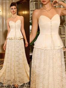 Poshira Elegante vestido de gala sin tirantes con encaje de contraste, vestido de fiesta formal de lujo con un sofisticado encanto - Albaricoque - Ver 3