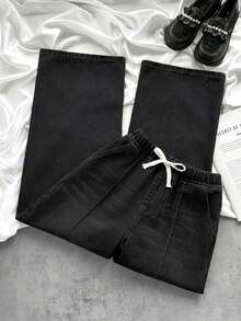 SHEIN Quần jeans ống rộng dáng suông thoải mái dành cho bé gái tuổi teen, có dây buộc eo. - màu đen - Xem 4