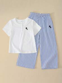 Souflis Souflis 2pcs/Set Toddler Girls Summer Outfit,Horse Print Round Neck Short Sleeve T-Shirt&Striped Straight Leg Pants,Family Matching Casual Comfortable Set - Blue - View 4