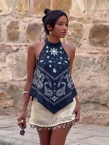 Firerie Women's Vacation Cashew Pattern Asymmetrical Hem Halter Top Beach Navy Blue Floral Summer Boho - Multicolor - View 6