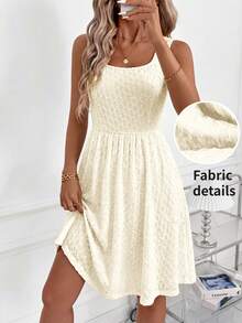 SHEIN Clasi Đầm nữ thanh lịch màu xanh dương họa tiết dệt nổi, không tay, dáng chữ A, thắt eo, chất liệu co giãn, phù hợp cho nhiều dịp - thường ngày, đi làm, du lịch, nghỉ mát, phong cách Bohemian. - Màu be - Xem 3