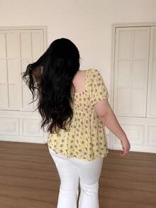 Vibekara Plus Size Spring/Summer Jacquard Floral Fabric Ruffle A-Line Lace Patchwork Short Sleeve Blouse - White - View 2