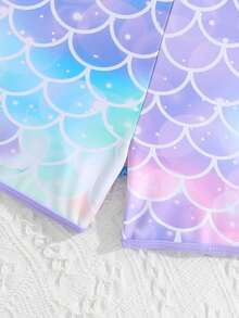 SHEIN GraphicGems Conjunto de traje de baño con estampado de escamas de pez para niña preadolescente - Morado - Ver 5