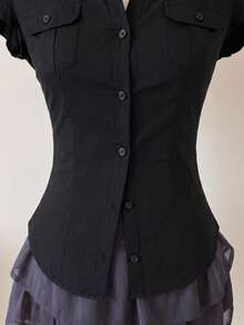Attitoon Women's Spring/Summer Breathable Slim Fit Shirt, Short Sleeve Collared Button Down, Versatile Top - Black - View 6