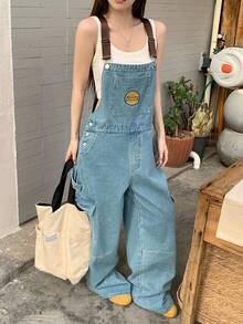 DAZY Bộ áo liền quần denim phối màu tương phản dành cho nữ, kiểu dáng đường phố thường ngày, quần yếm denim đã qua xử lý. - Rửa trung bình - Xem 6