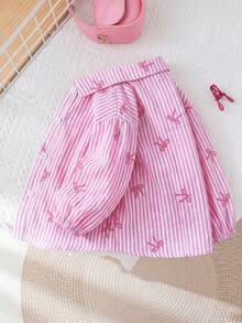 SHEIN LMoss Kids LMoss 女婴时尚可爱条纹长袖衬衫，非常适合度假 - 粉色 - 查看 10