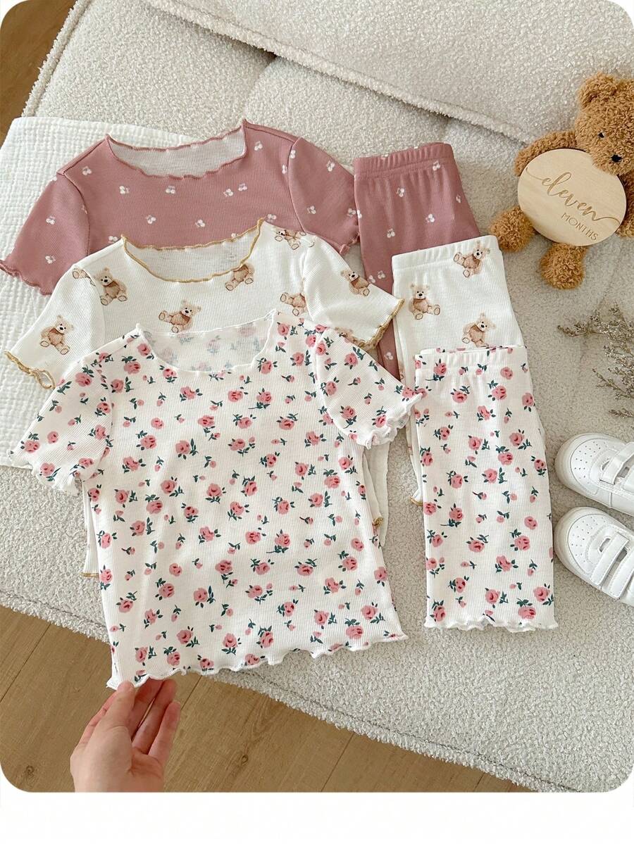 SHEIN 女婴圆领印花短袖上衣和短裤休闲家居服套装 - 彩色 - 查看 1