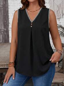 EMERY ROSE Shell Flower Embroidered Plus Size V-Neck Sleeveless Shirt, Suitable For Summer - Multicolor - View 4