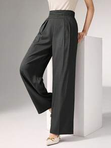 Heiryn Pantalones anchos de cintura alta plisados, elegantes y apropiados para ir al trabajo en otoño/invierno - Gris - Ver 2