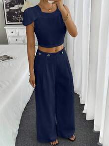 Chiquease 2 piezas Conjunto informal y holgado de mujer con top de cuello redondo de un solo color con lazo en el hombro y pantalones de pierna ancha - Azul Marino - Ver 4