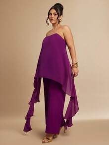 SHEIN BAE Mono informal de verano de talla grande con unicolor y volante asimétrico en el bajo - Morado - Ver 5